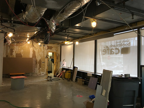 The Bookmark Cafe in W. W. Hagerty Library during renovations. The ceiling panels and drywall have been removed